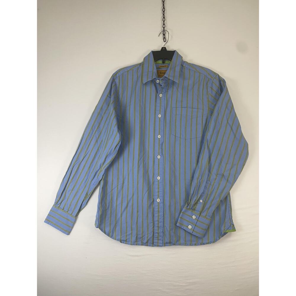 Trailer Shirt Mens XL Blue Green Striped Long Sleeve Button Up Cotton Casual